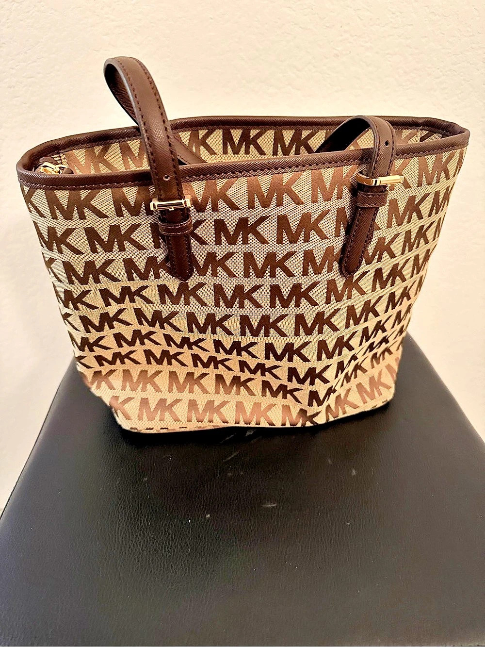 Michael Kors Jet Set Medium Logo Pocket Tote Bag Brown & Beige